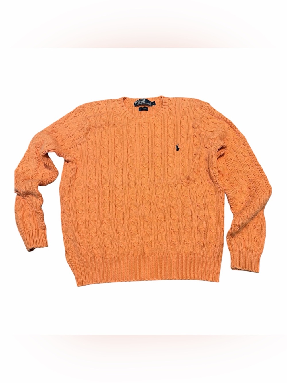 Polo by Ralph Lauren Orange Sherbert Cable-Knit Crewneck Sweater with Navy Pony